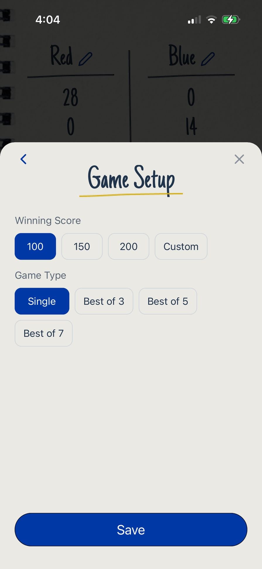 Layar pengaturan game Domino ScorePaper